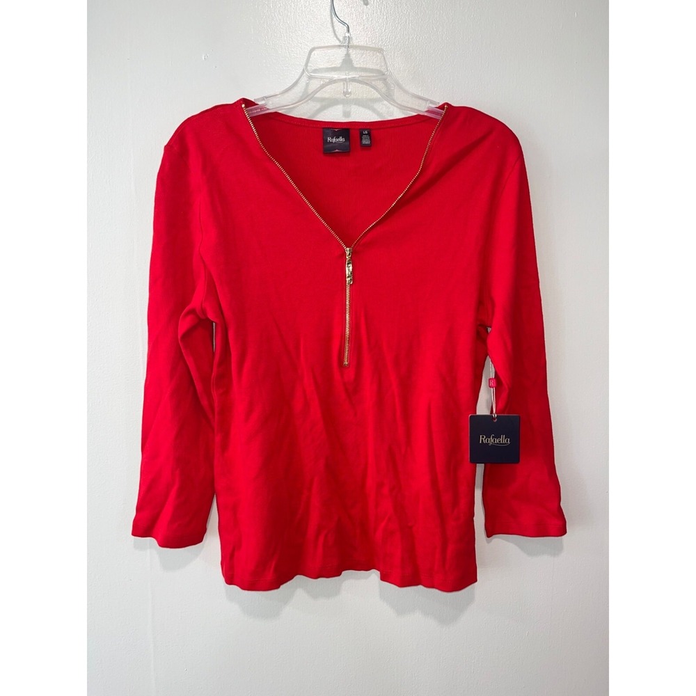 Rafaella Womens Red Zipper V-Neck Long Sleeve Top Size L